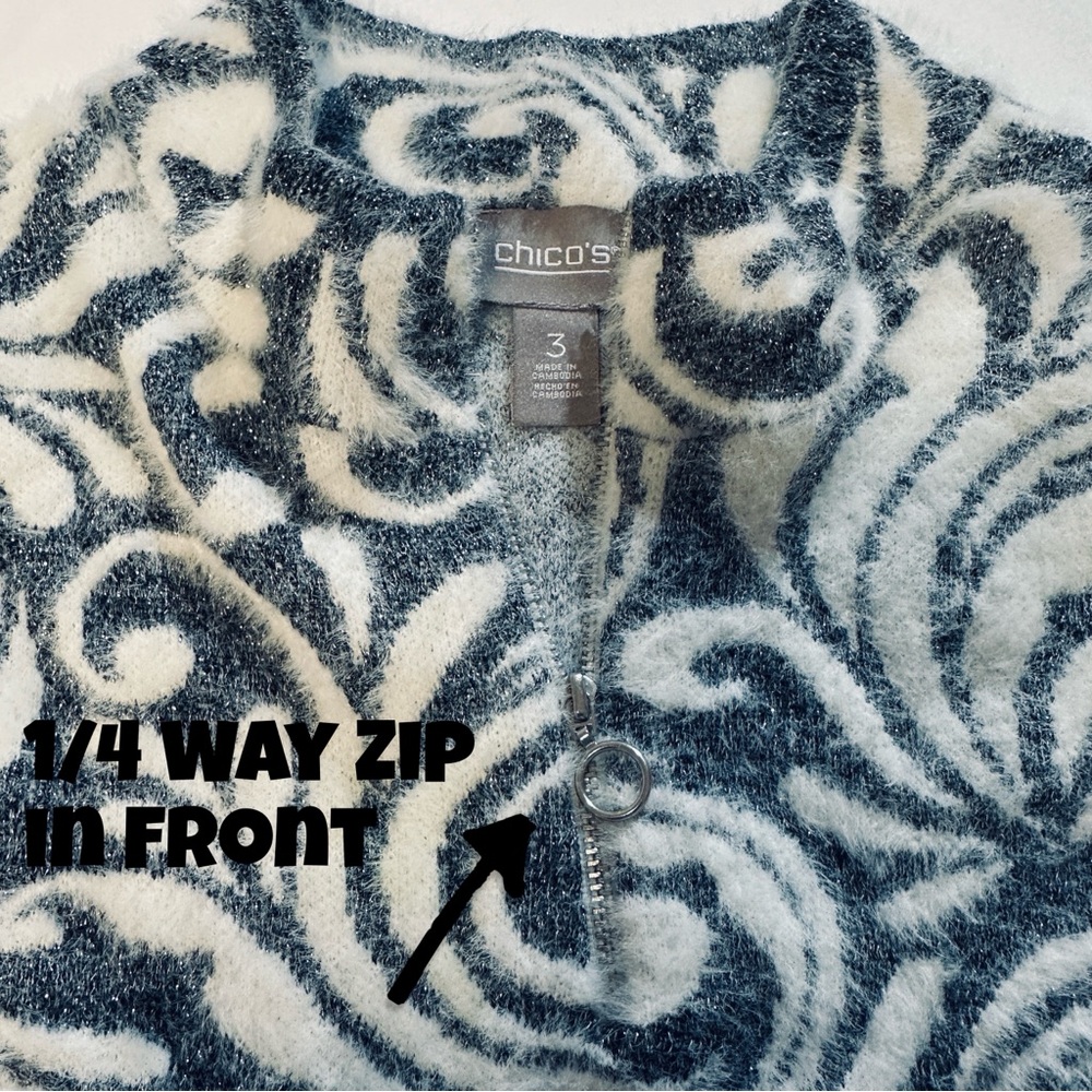 Chico’s Plush Fuzzy ¼-Zip Sweater Sweatshirt Gray White Abstract Size 3 (XL/16) - Picture 5 of 13